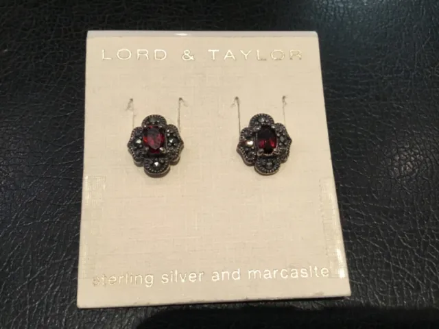 Nwt $50 Authentic Lord & Taylor Sterling Silver, Marcasite & Ruby Earrings No Re
