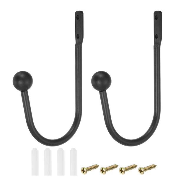 2Pcs Aluminum Alloy Wall Mounted Curtain Holdback U Shaped Drapery Hooks, Black