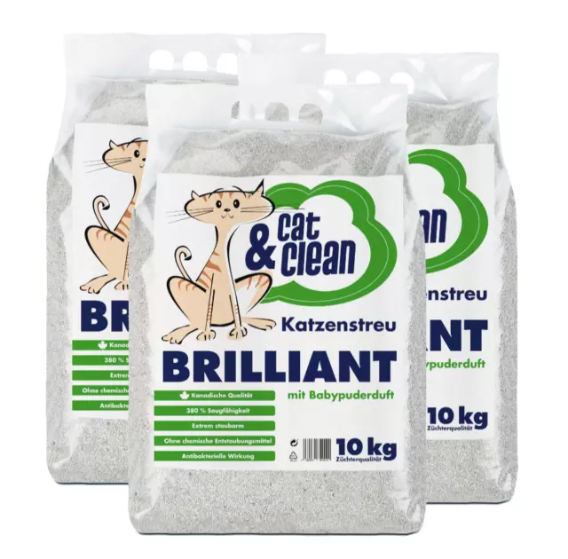 3x 10kg = 30kg Cat & Clean® Katzenstreu Brilliant mit Babypuderduft Klumpstreu