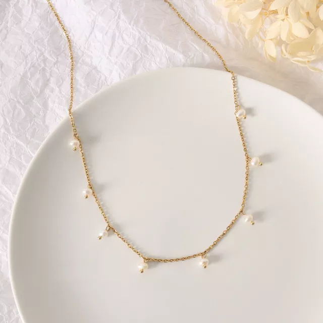 Woman 18K Gold Plated Natural Freshwater Pearl Beads Necklace Chain 17.7''