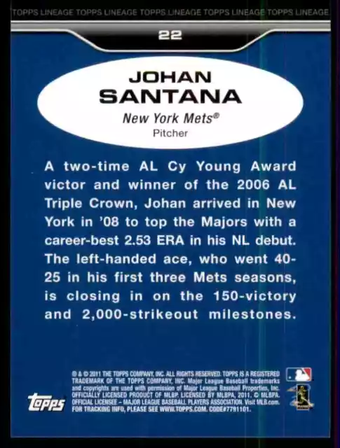 2011 Topps Lineage Johan Santana #22 New York Mets 2