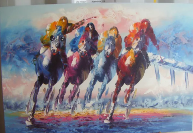 Farbenfrohes Pferderennkunst Ölgemälde 24X36" Gestreckt
