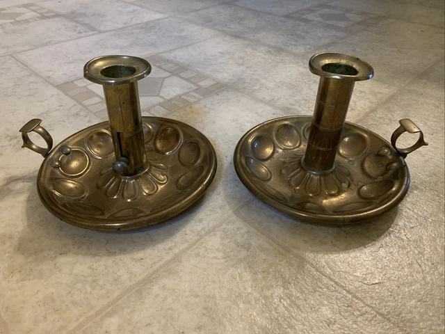 18th / Early 19th Century Matching Pair Decorative Push Up Brass Chambersticks