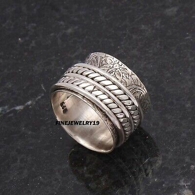 925 Sterling Silver Spinner Ring Wide Band Ring Meditation Handmade Jewelry PQ8