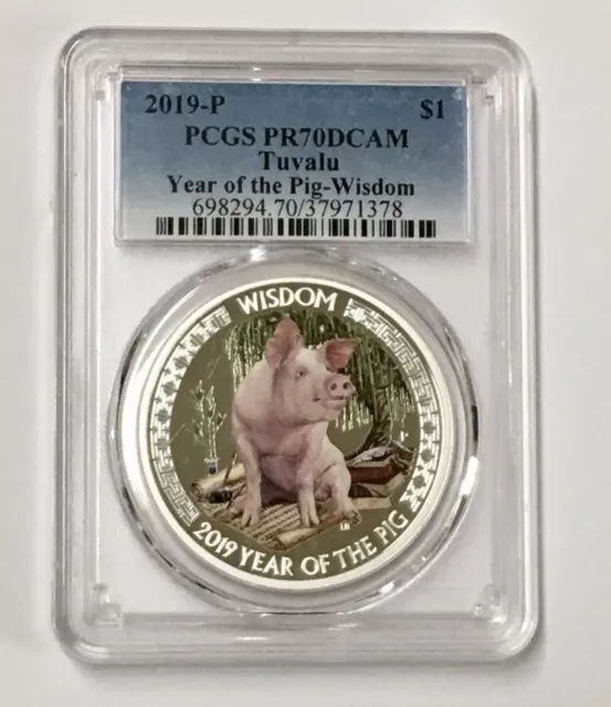 2019 $1 PCGS PR 70 Tuvalu Year Of The Is Pig Wisdom 1 Oz Silver Coin