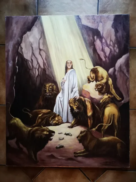 Magnifique Grande Toile Peinture Huile Religieuse Prophete Daniel Lions Signee