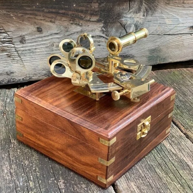 Antique Marine Solid Brass Sextant With Wooden Box Navigation Pirate Vintage New