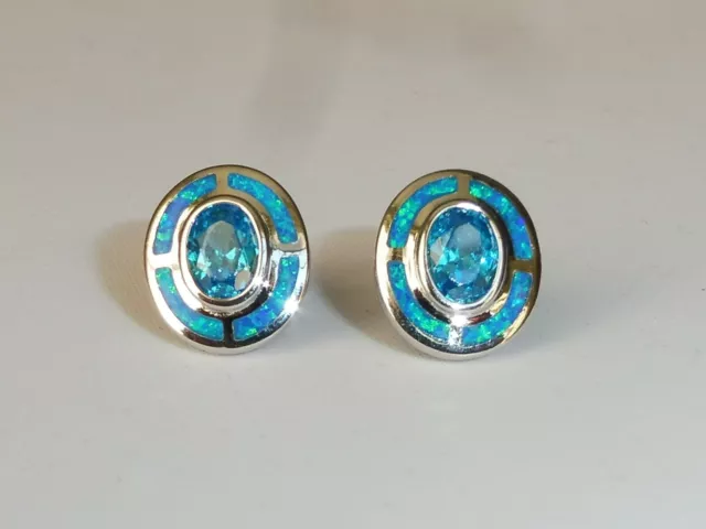 Damen Art Deco Sterling Silber feine Opal & Aquamarin Ziel Design Ohrringe