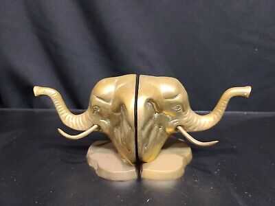 Vintage Solid Brass Elephant Head Bookends Tusks Trunk Up