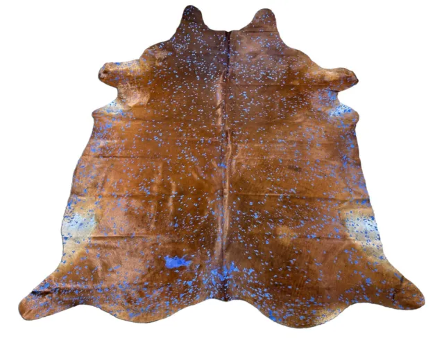 Hermosa alfombra de cuero de vaca marrón CowhidesUSA con ácido azul lavado 8x7 pies K-269