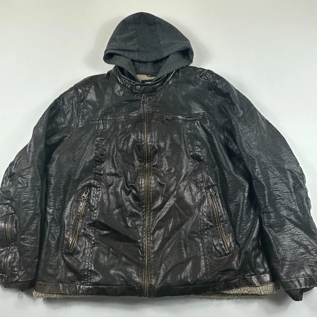 Levi's Mens Faux Brown Leather Sherpa Lined Hoodie Bomber Utility Jacket XL 5RA3