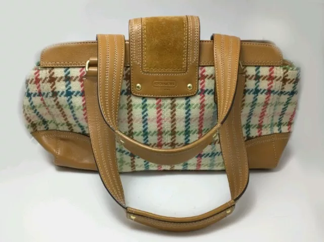 Coach Hampton Colorful Tattersal Wool Leather Suede Satchel Medium Purse Classic