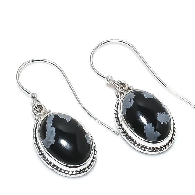 Snowflake Obsidian Gemstone 925 Solid Sterling Silver Jewelry Earring 1.25"