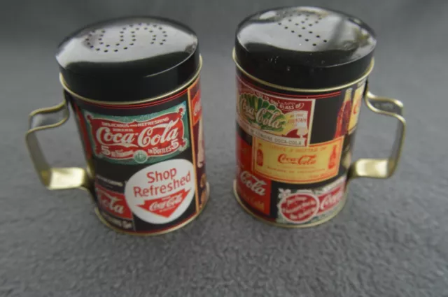 Vintage 2001 Coca Cola Sign Images Metal Salt & Pepper Shakers Tins