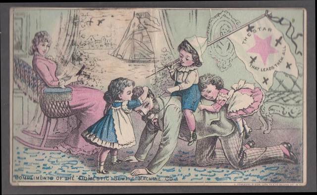 Domestic Sewing Machine trade card 1880s children ride on crawling Daddy