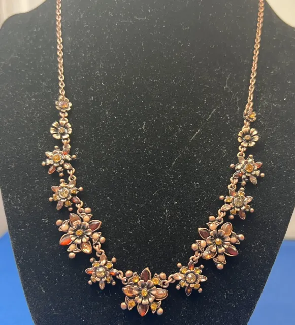 Beautiful Signed Pl Rhinestone Flower Floral Statement Necklace