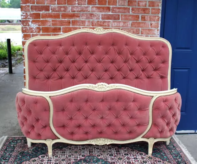 French Antique Upholstered Tufted Louis XV Full Size Bed / Pink Fabric Color