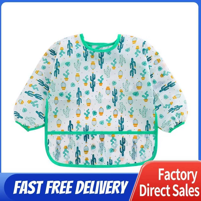 Baby Feeding Bibs Kids Waterproof Long Sleeve Coverall (0-3Years Cactus)