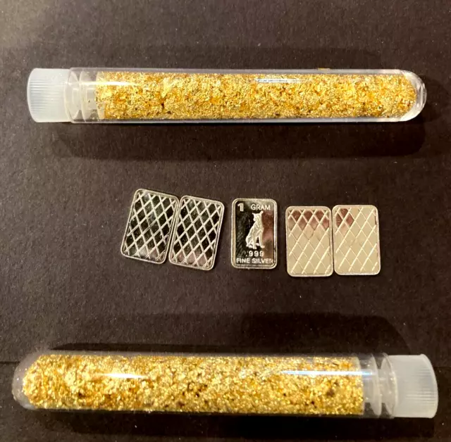 (5x)  Pure .999 Fine Silver Bars Bullion Estate Lot & 2 Vials Gold flakes