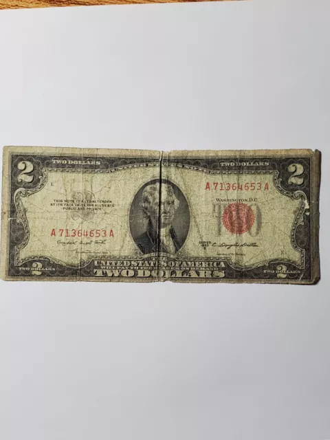 US $2 Two Dollar 1953 Series Bill Red Seal /Serial # A 71364653 A