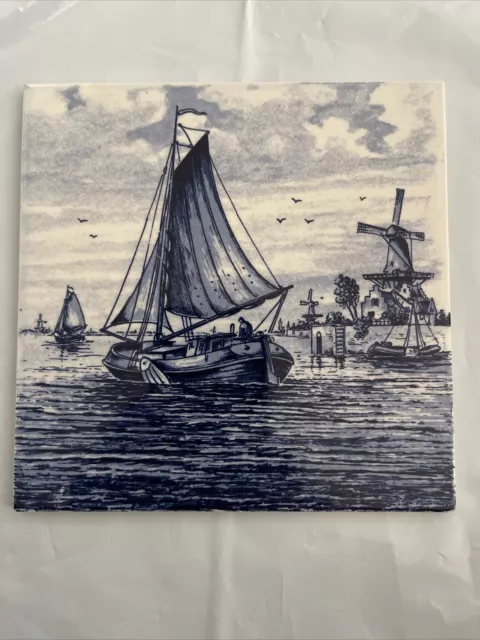 Delft Blauw (Blue)Hand Painted Tile -Made In Holland-6”-Signed-Windmill & Boat
