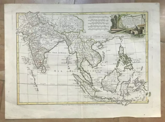 Southeast Asia 1771 Bonne Lattre Large Antique Map In Colors 18Th Century