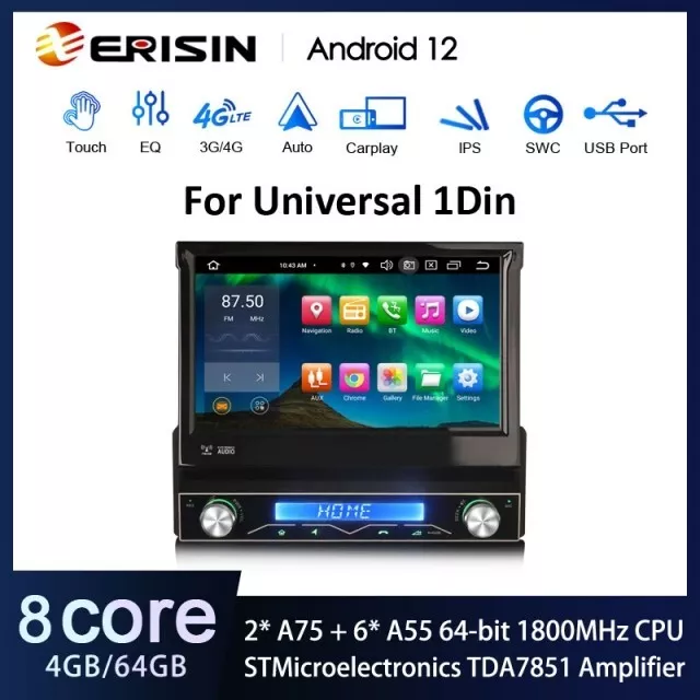 Erisin ES8568U Autoradio GPS 1 din Android 12 Wifi 4G USB Carplay Voiture