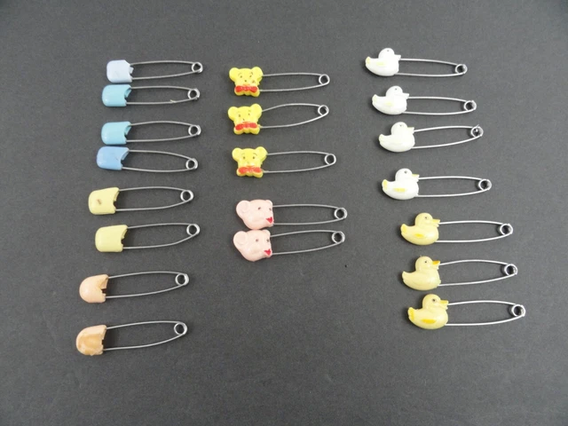 Vintage Diaper Pins LOT 20 Bears Ducks Blue Yellow White Cream Pink Keyhole Safe