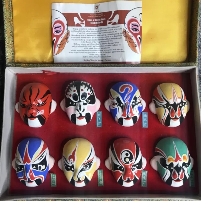 Set of 8 Painted Chinese Beijing Opera Facial Makeup Miniature Clay Mask Box COA