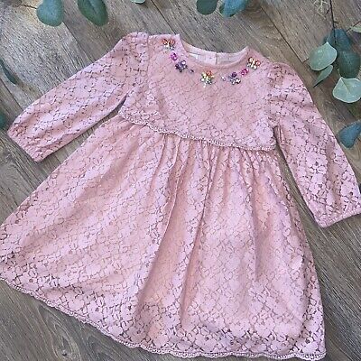 MONSOON baby girls pink lace long sleeved jewell dress 18-24mth