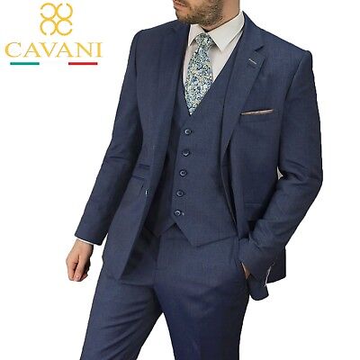 Mens Cavani Navy Blue Wedding Formal Lined Tailored Slim Fit Work 3 Piece Suit