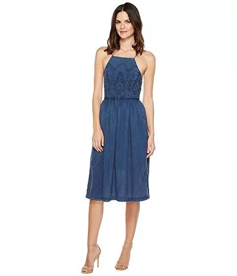 Lucky Brand, Schiffli Embroidered Bib Sleeveless Dress, Blue, Sz XL, MSRP $129