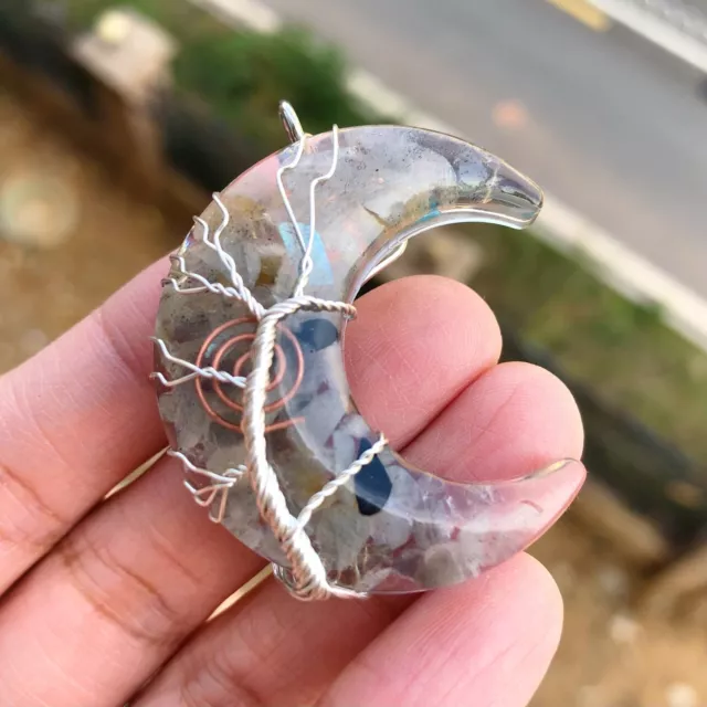 Yoga Labradorite Stone Tree Of Life Moon Pendant Energy Reiki Healing Amulet