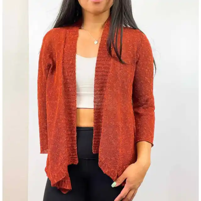 Eileen Fisher Size XS Linen Blend Knit Cardigan Sweater Open Front Orange