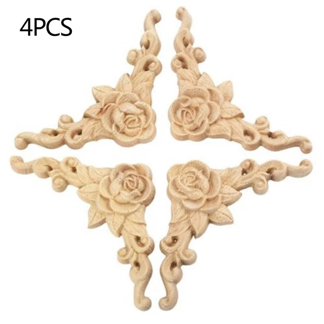 Kit de 4 x 8 * 8 cm esquina tallada en madera con apliques puerta gabinete rosa sin pintar