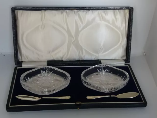 CASED SET of CUT GLASS BUTTER DISHES & H/M SILVER BUTTER KNIVES