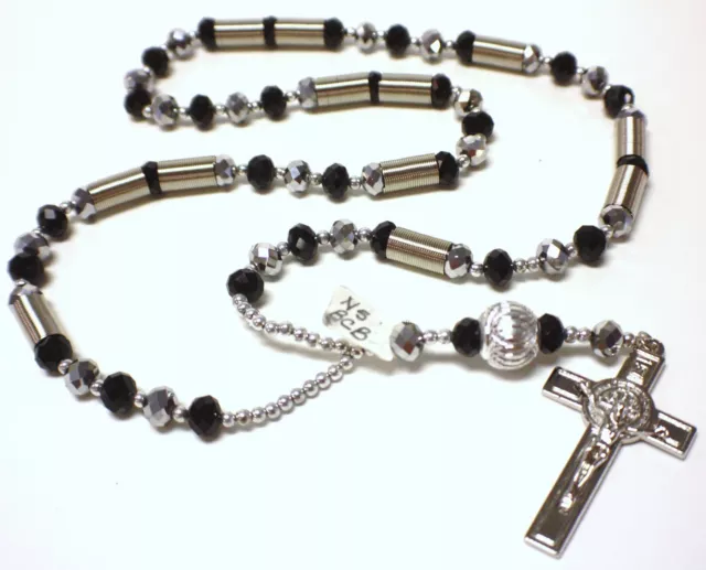 N5 Black Metallic Beads Spring Rosary Crucifix Necklace Pendant Catholic Prayer
