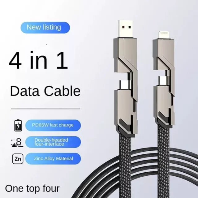 4-in-1 Flat Braided Anti-tangle Charger Cable For iPhone Samsung Type C USB Lead