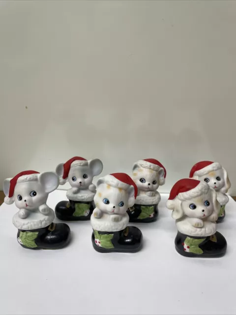 Vintage Christmas Santa Boot Dog Cat Mouse HOMCO #8903 Ceramic Figurine Set of 3