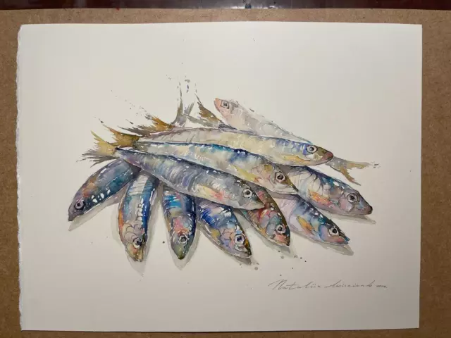 Kleiner Fischfang. Einige Sardinen. Original Aquarellgemälde 2