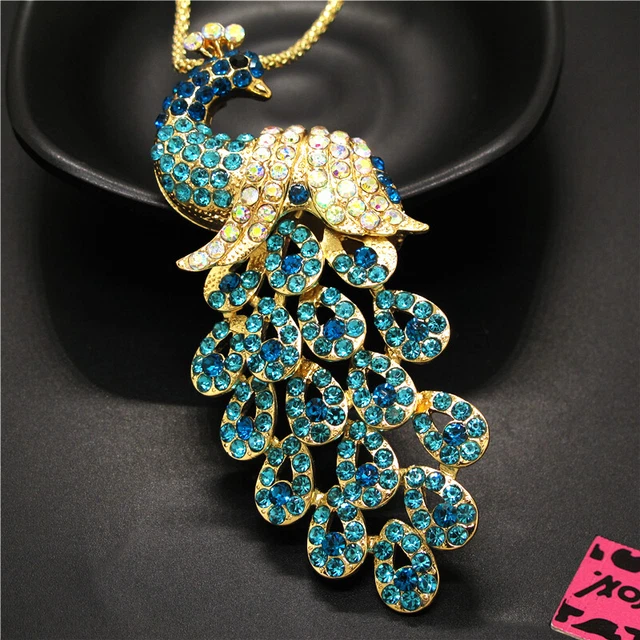 Fashion Women Rhinestone Blue Bling Peacock Crystal Pendant Chain Necklace