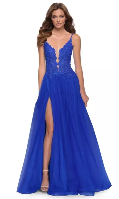 La Femme Royal Blue Floral Embroidered Illusion Plunge Tulle Ballgown Sz 2 $488