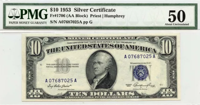1953 $10 Silver Certificate Blue Seal Fr# 1706 PMG AU50