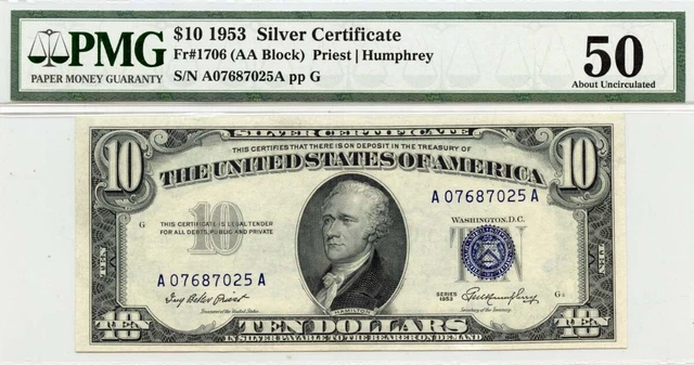 1953 $10 Silver Certificate Blue Seal Fr# 1706 PMG AU50
