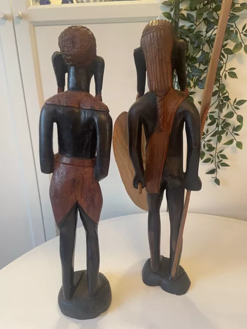 2 x Vintage Hand Carved Tribal Figures Wooden Masai Warrior Statues African 18" 2