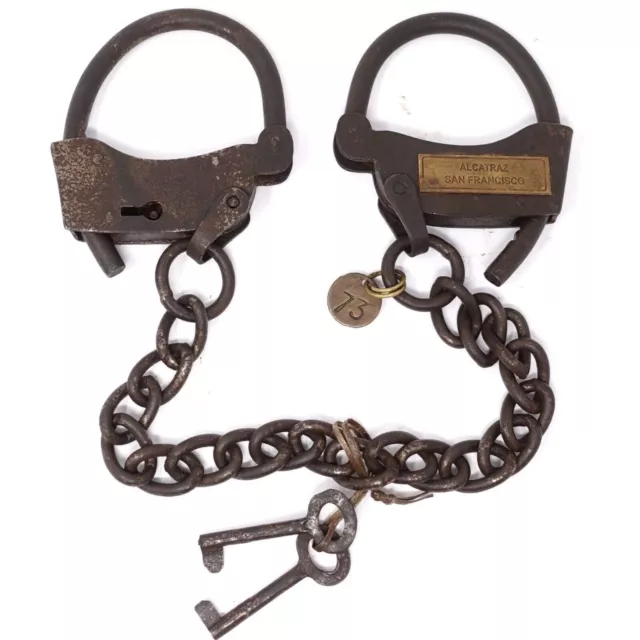 Alcatraz Logo Prison Handcuffs Adjustable Iron Cuffs with Chain Antique Finish
