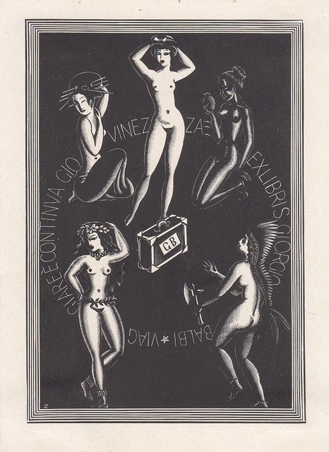 Exlibris Bookplate Gravure sur Bois Italo Zetti 1913-1978 Nus Féminins
