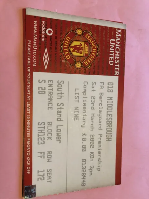 Manchester Utd V Middlesbrough League 23rd Mar  2002..match Ticket