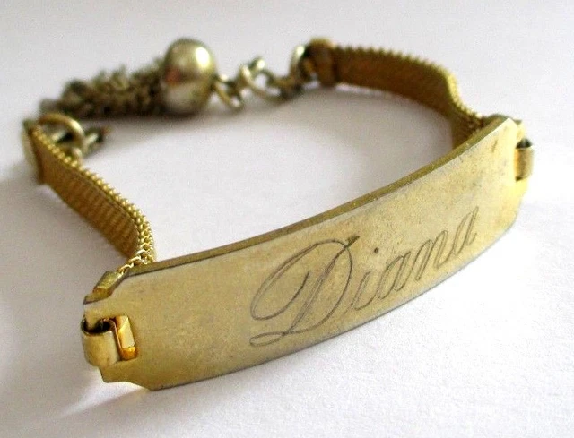 Bracelet Gourmette Vintage Gravé 'Diana' - Couleur Or, Avec Pampille, Ancien, TBE