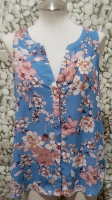 SANCTUARY Floral Boho Blue Pink Sleeveless V Neck Button Top Womens Size Medium